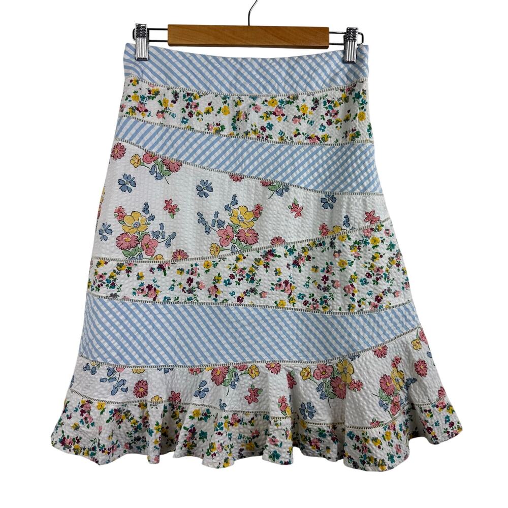 Anthropologie Odille Patchwork Floral Striped Seersucker Skirt Size 0 Ruffle